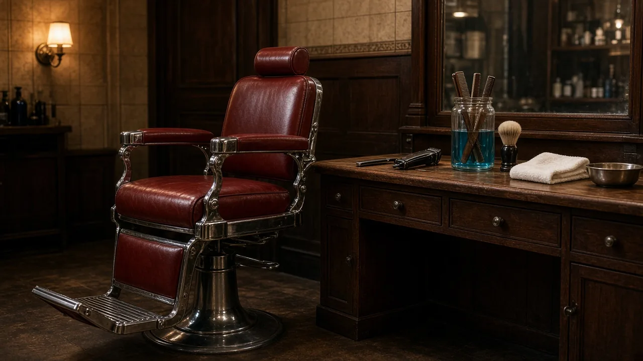 An empty vintage red leather and chrome barber chair beside a wood counter with clippers, combs, a shaving brush and a hot towel